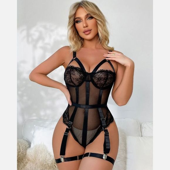 Women Eyelash Lace Trim Teddy Sexy-Lingerie One Piece Bodysuit with Thigh Straps - Picture 7 of 7